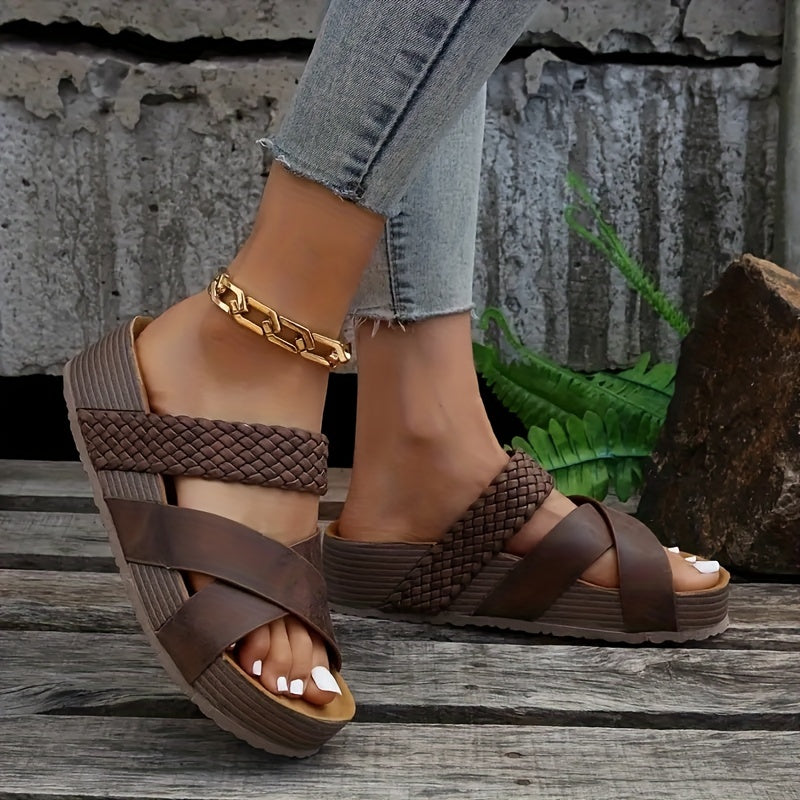 Women's Braided Cross Strap Platform Slides - Comfy Open Toe Sandals for Casual Summer Beach Outings, Breezy Outdoor Wear